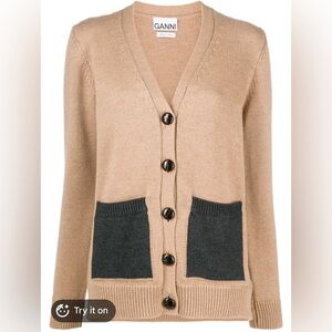 Ganni Camel V-Neck Cardigan with Charcoal Patch Pockets